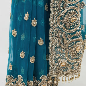 Turquoise Net Saree Embellished With Cut Dana, Sequins & Moti Work