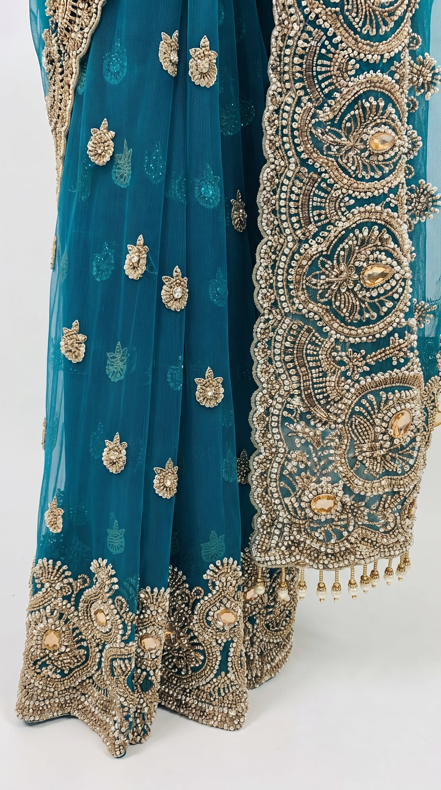 Turquoise Net Saree Embellished With Cut Dana, Sequins & Moti Work