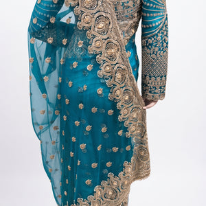 Turquoise Net Saree Embellished With Cut Dana, Sequins & Moti Work
