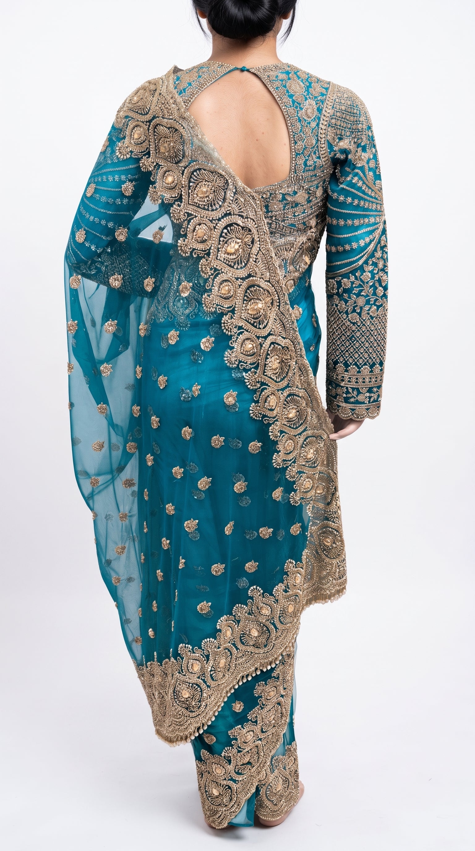 Turquoise Net Saree Embellished With Cut Dana, Sequins & Moti Work