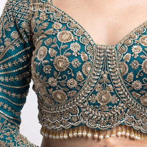 Turquoise Net Saree Embellished With Cut Dana, Sequins & Moti Work