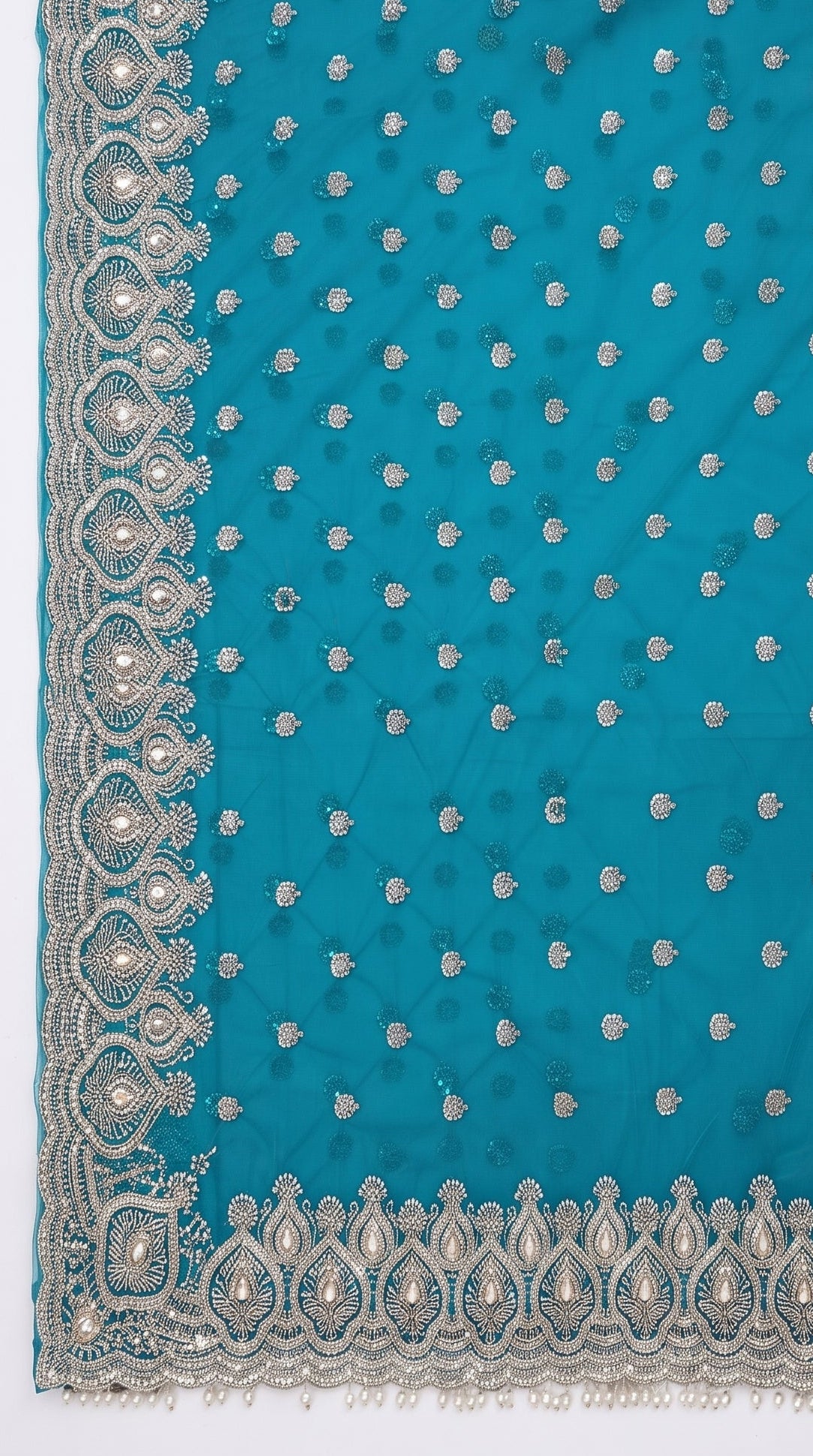 Turquoise Net Saree Embellished With Cut Dana, Sequins & Moti Work