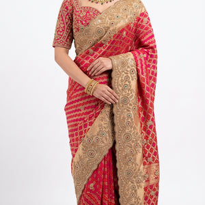 Red Rose Silk Saree Embellished With Cut Dana, Sequins & Moti Work