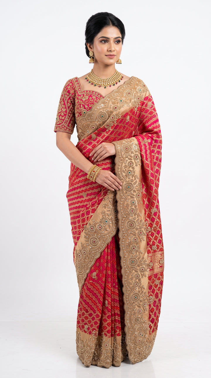 Red Rose Silk Saree Embellished With Cut Dana, Sequins & Moti Work