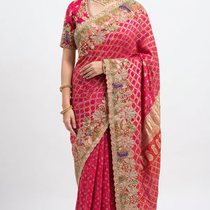 Red Silk Saree Embellished With Stone, Sequins, Thread & Zari Work