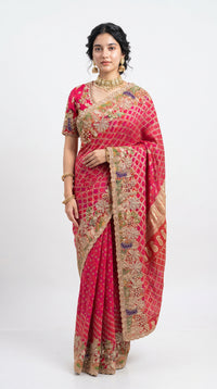 Red Silk Saree Embellished With Stone, Sequins, Thread & Zari Work
