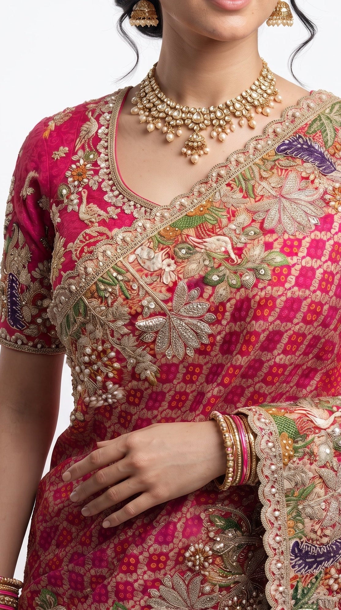 Red Silk Saree Embellished With Stone, Sequins, Thread & Zari Work