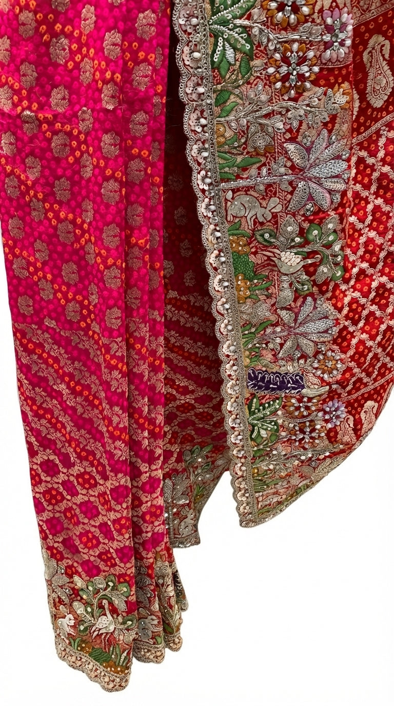 Red Silk Saree Embellished With Stone, Sequins, Thread & Zari Work