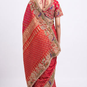 Red Silk Saree Embellished With Stone, Sequins, Thread & Zari Work