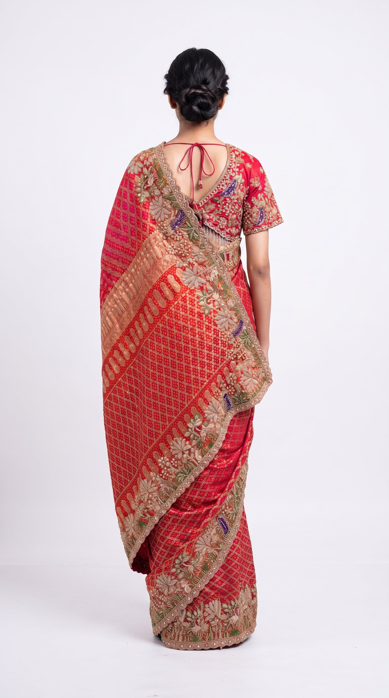 Red Silk Saree Embellished With Stone, Sequins, Thread & Zari Work