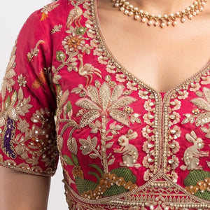 Red Silk Saree Embellished With Stone, Sequins, Thread & Zari Work