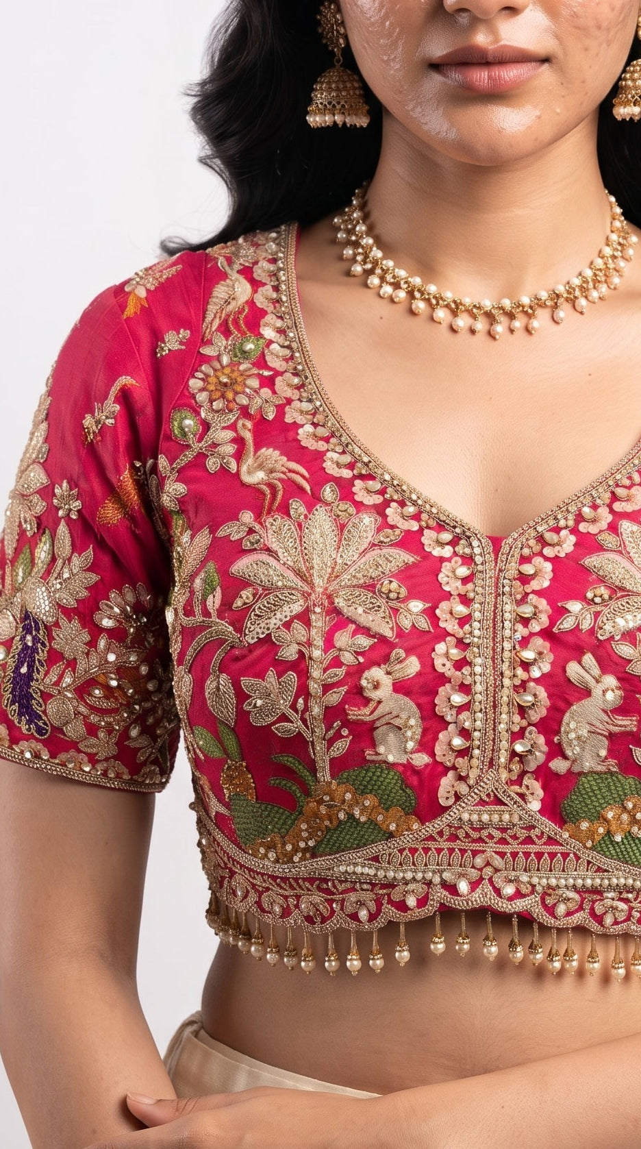 Red Silk Saree Embellished With Stone, Sequins, Thread & Zari Work