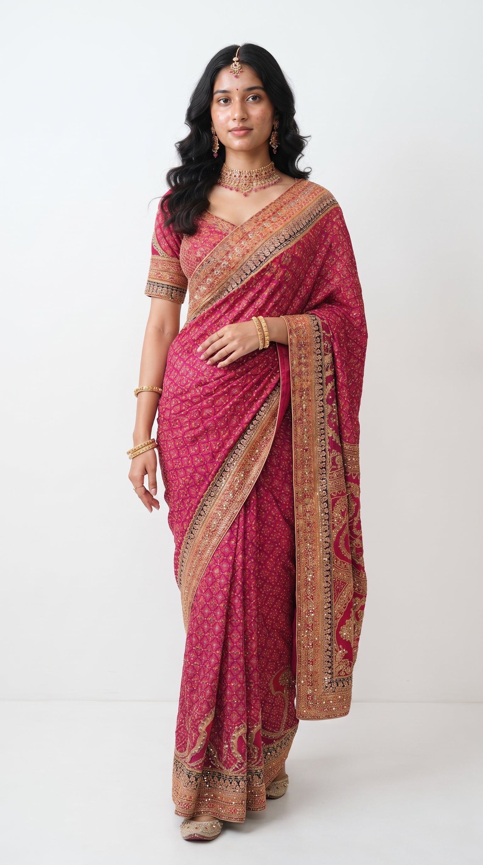 Rani Chinon Saree Embellished With Stone & Zari Work