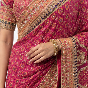 Rani Chinon Saree Embellished With Stone & Zari Work