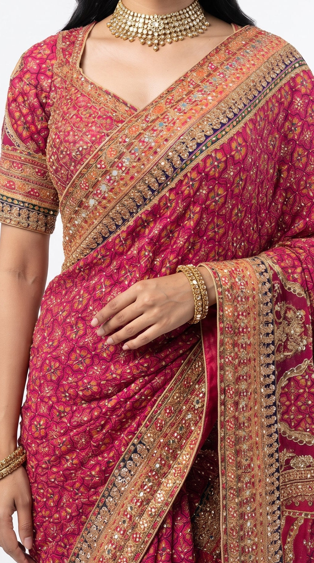 Rani Chinon Saree Embellished With Stone & Zari Work