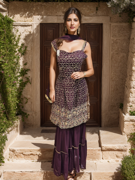Novelty Wine Color Georgette Embroidered Work Indo Western Suit For Women,  Indo Western Dress, Indo western dresses for women, Indo-western dress,  Indo-western sharara suit, Indo-western palazzo suit - Skyblue Fashion,  Surat |