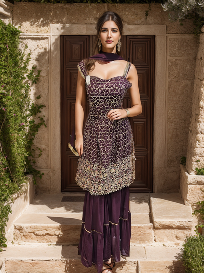 Wine Suit Set with Sharara
