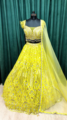 Lemon Green Georgette Lehenga With Sequence And Thread