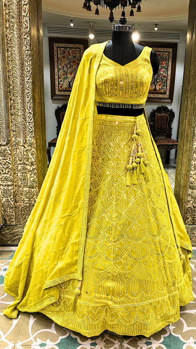 Yellow Georgette Lehenga With Sequence and Thread Work