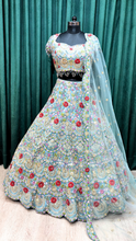 Load image into Gallery viewer, Sky Green Organza Lehenga With Multi Thread And Mirror
