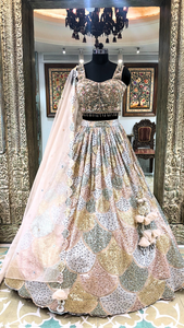 Beige Organza Lehenga With Multi Sequence