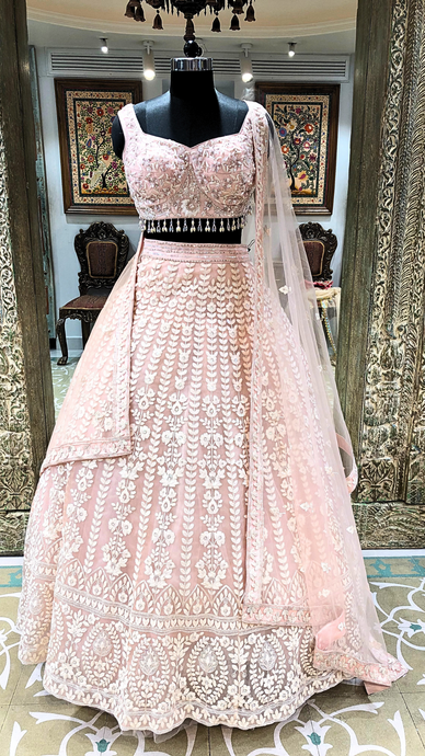 Pink Net Lehenga With Sequins and Thread Work