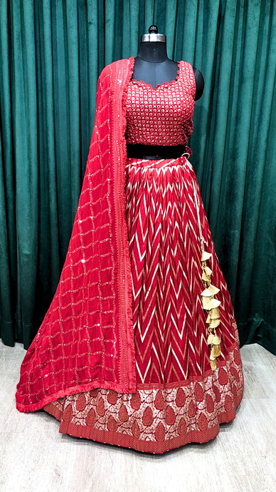 Red Banarasi Silk Lehenga With Chicken and Sequins