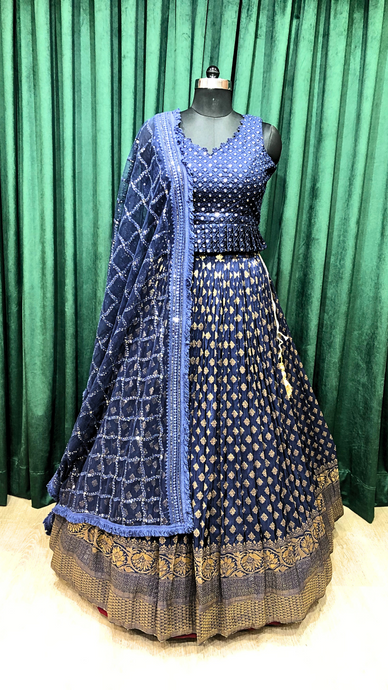 Blue Banarasi Silk With Mirror and Sequins
