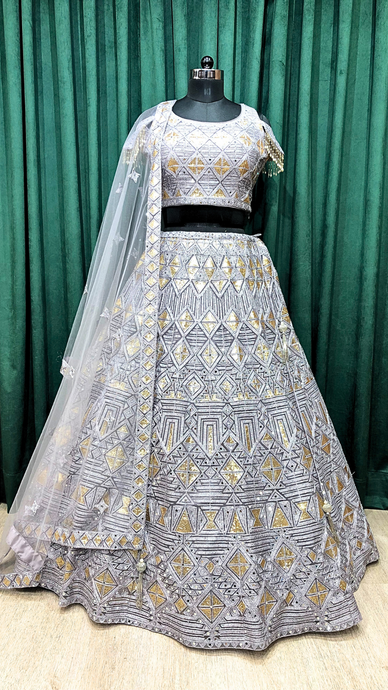 Gray Net Lehenga With Sliver Zari And Gold Sequence