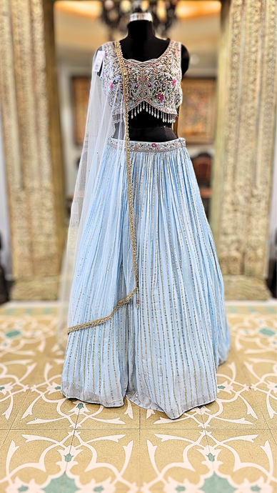 Ice Blue Georgette Lehenga Choli With Sequins, Mirror, Swarovski, and Thread work