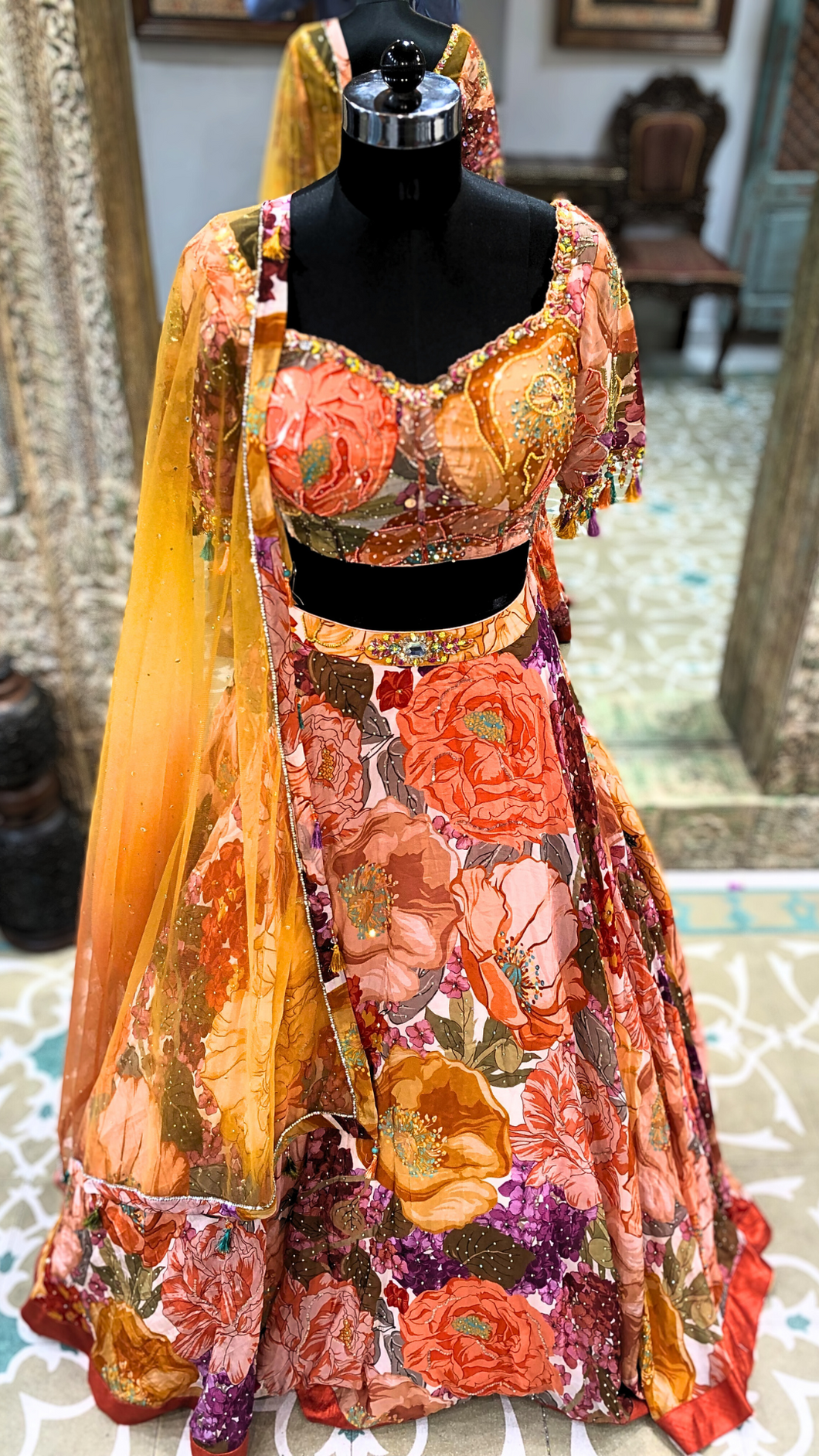 Mustard Chinon Lehenga With Sequence And pearl work