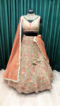 Load image into Gallery viewer, Dusty Green Net Lehenga With Multi Thread and Dori Work
