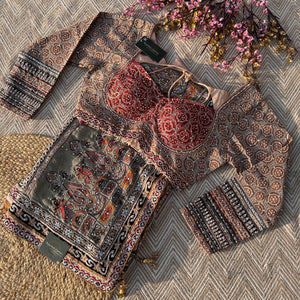 Peach Crepe Saree with Blouse with Printed, Zari, Sequins, Pearl and Mirror Embroidery 1