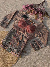 Peach Crepe Saree with Blouse with Printed, Zari, Sequins, Pearl and Mirror Embroidery