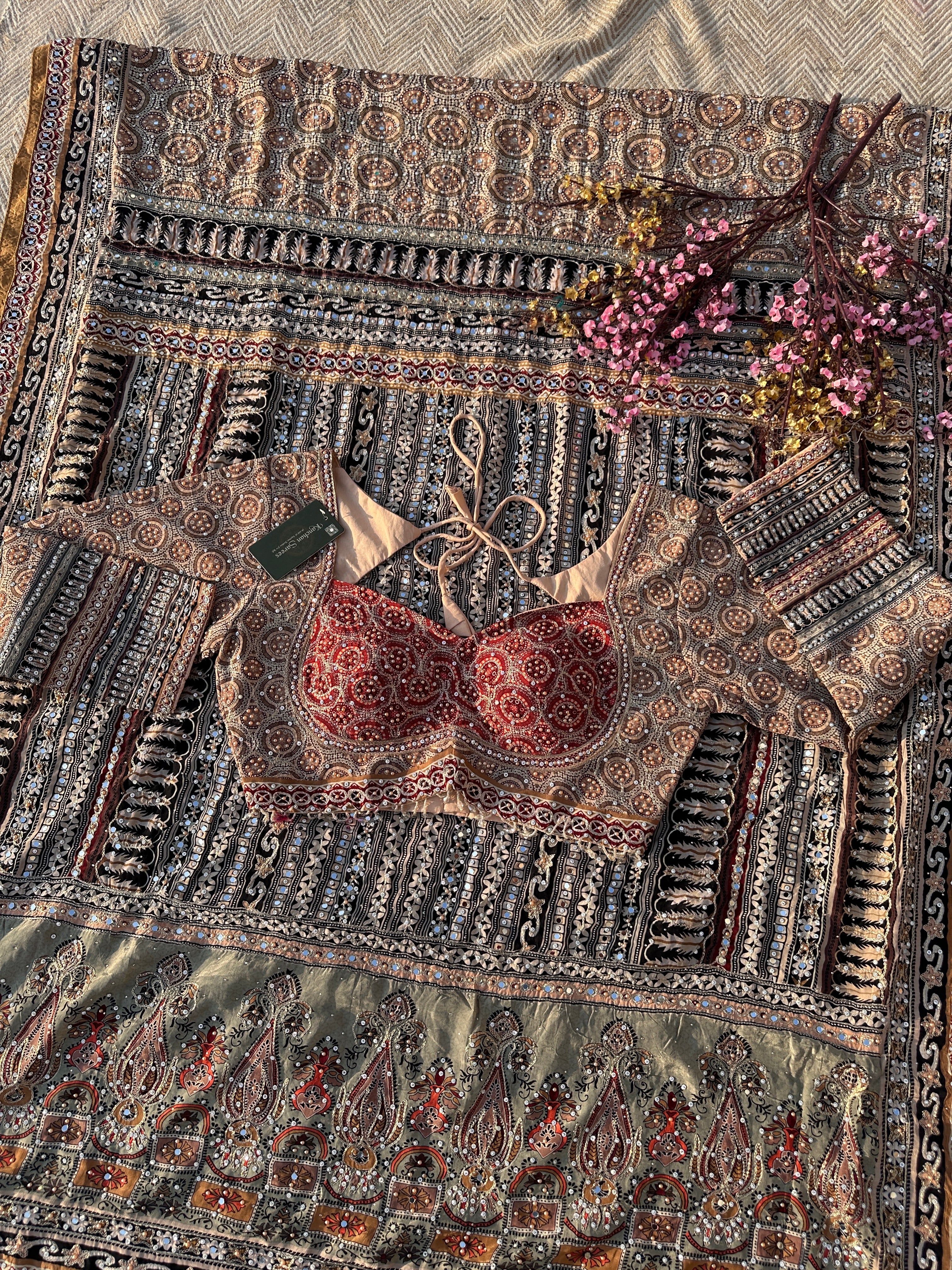 Peach Crepe Saree with Blouse with Printed, Zari, Sequins, Pearl and Mirror Embroidery 10