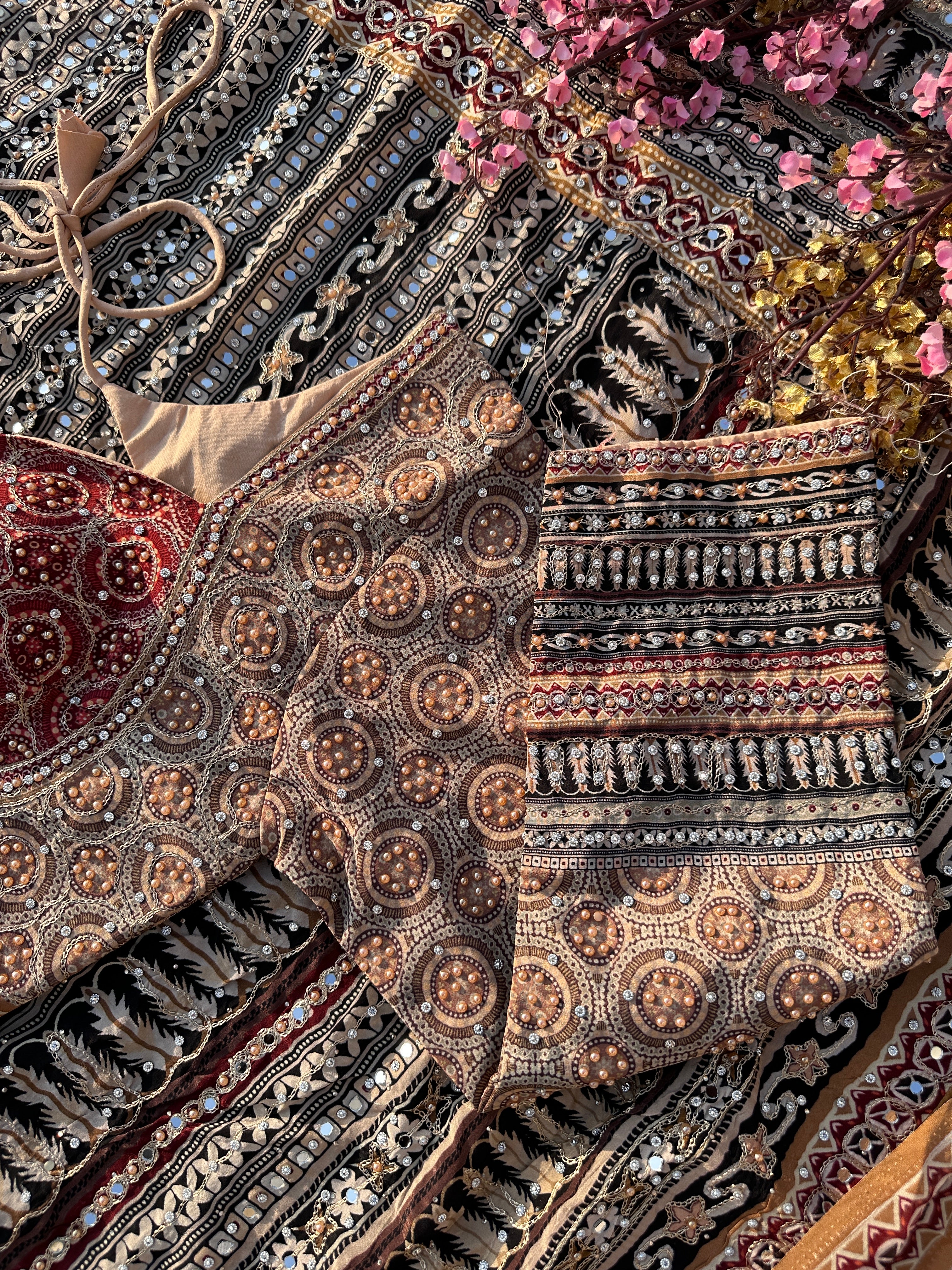 Peach Crepe Saree with Blouse with Printed, Zari, Sequins, Pearl and Mirror Embroidery 12