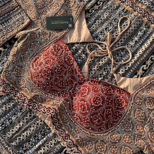 Peach Crepe Saree with Blouse with Printed, Zari, Sequins, Pearl and Mirror Embroidery 13