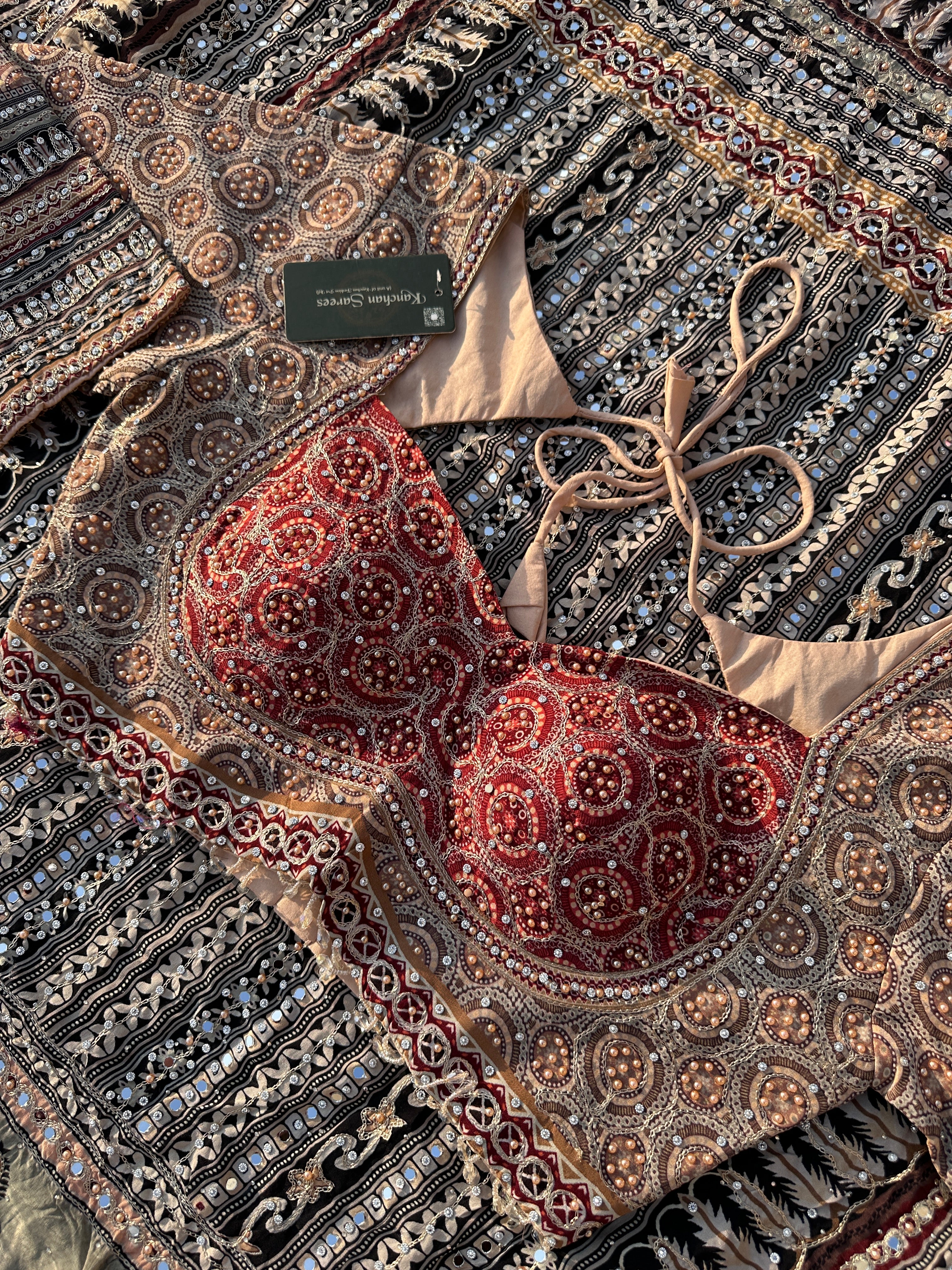 Peach Crepe Saree with Blouse with Printed, Zari, Sequins, Pearl and Mirror Embroidery 13