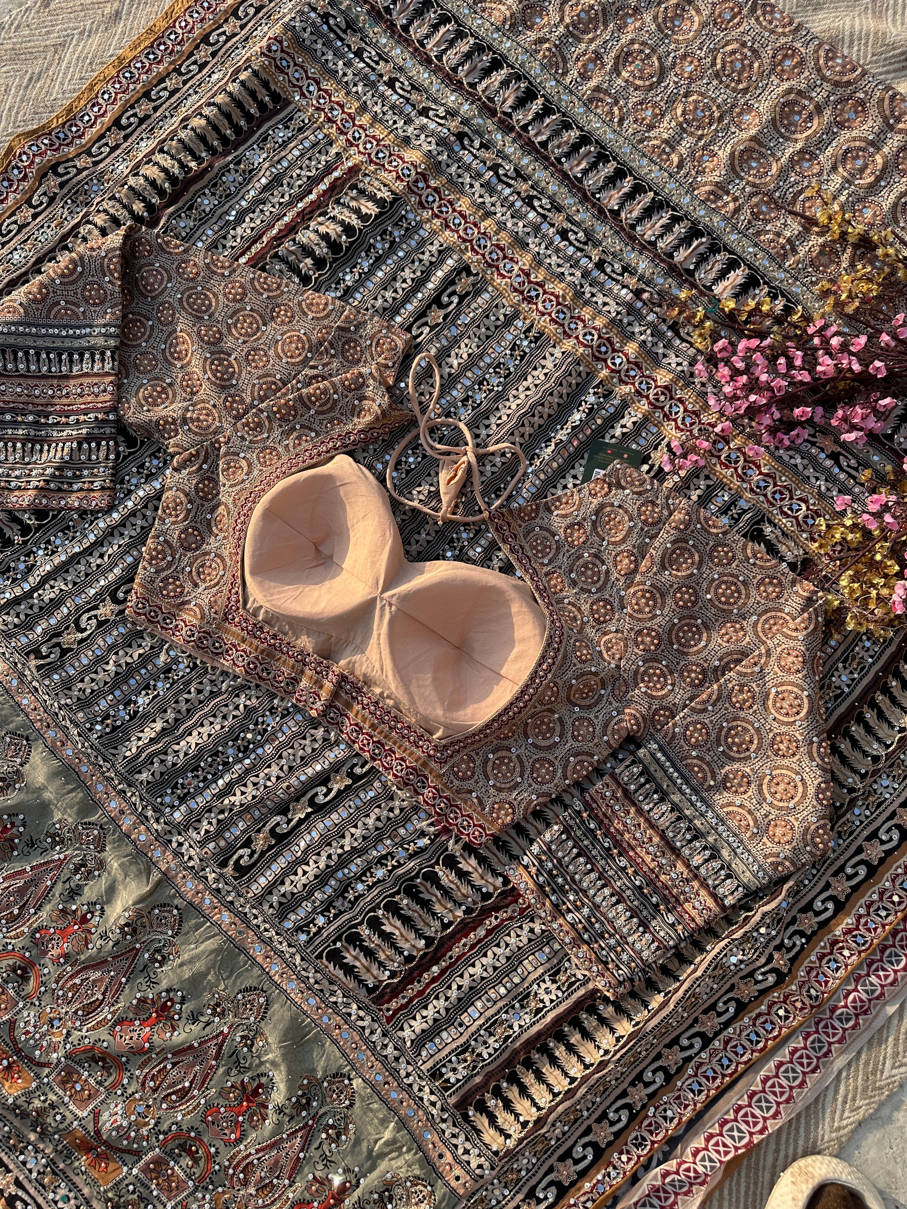 Peach Crepe Saree with Blouse with Printed, Zari, Sequins, Pearl and Mirror Embroidery 14