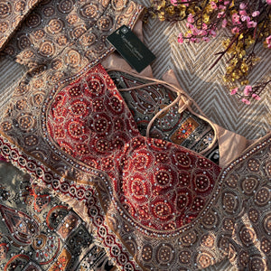 Peach Crepe Saree with Blouse with Printed, Zari, Sequins, Pearl and Mirror Embroidery 2