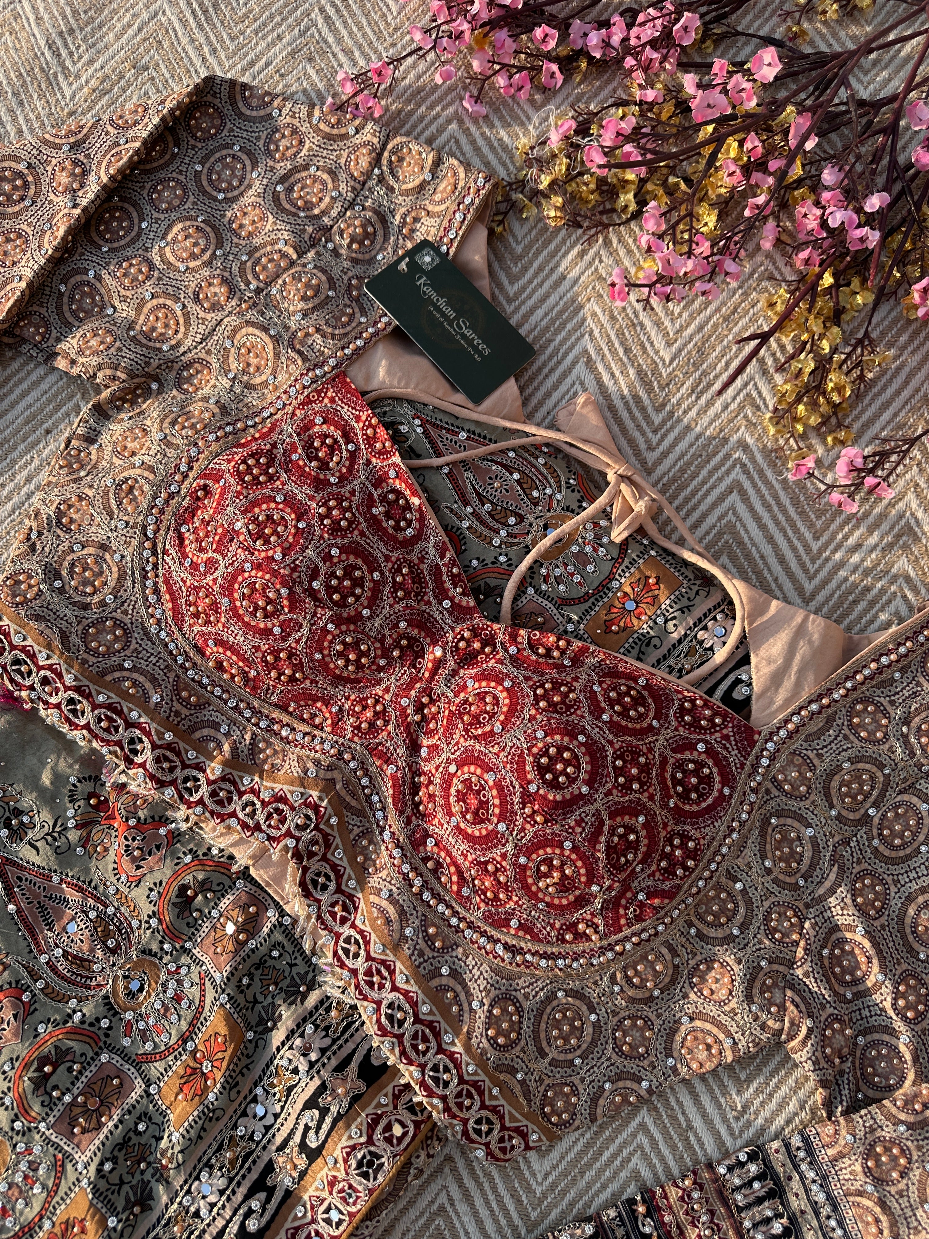 Peach Crepe Saree with Blouse with Printed, Zari, Sequins, Pearl and Mirror Embroidery 2