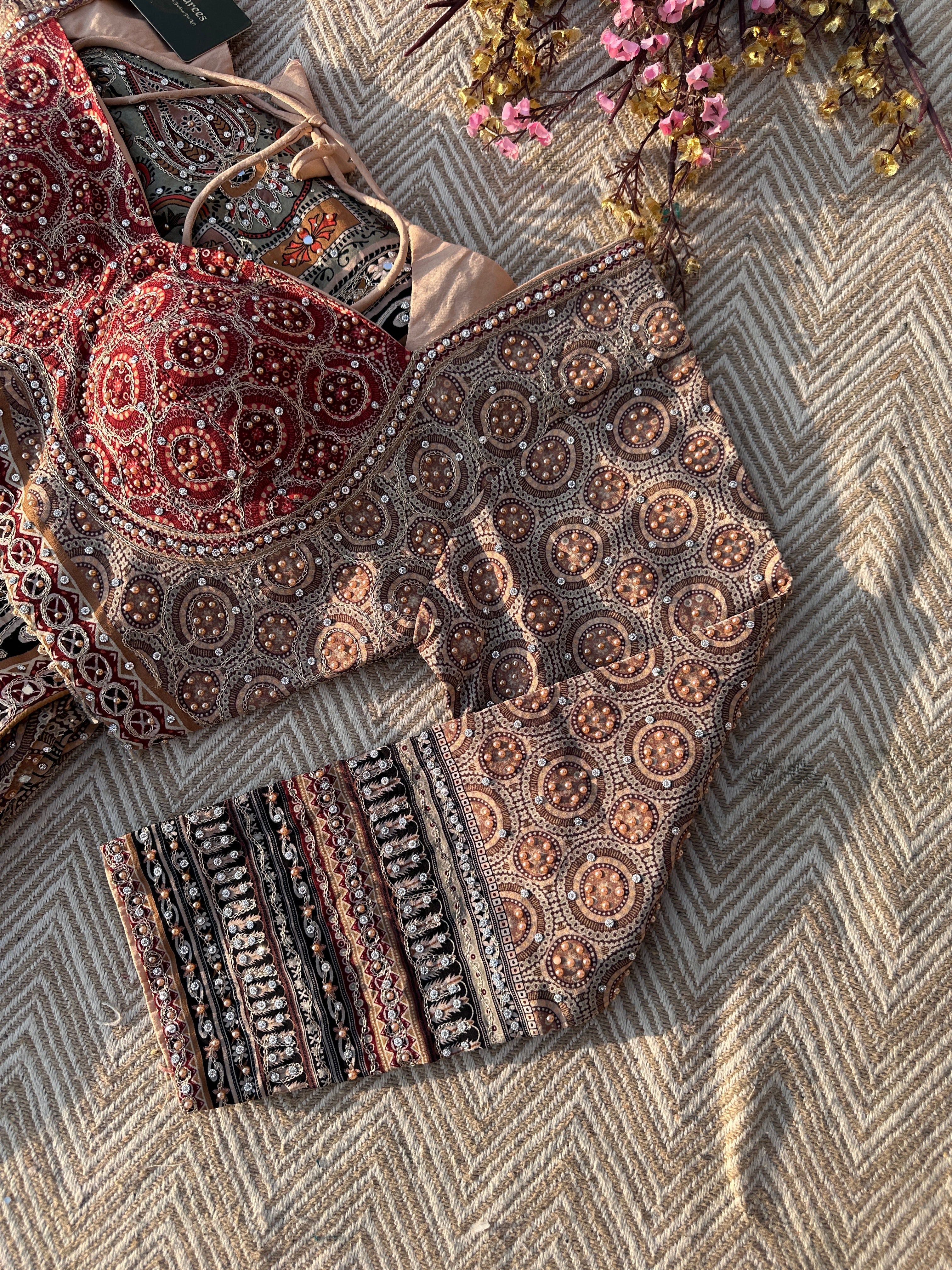 Peach Crepe Saree with Blouse with Printed, Zari, Sequins, Pearl and Mirror Embroidery 3