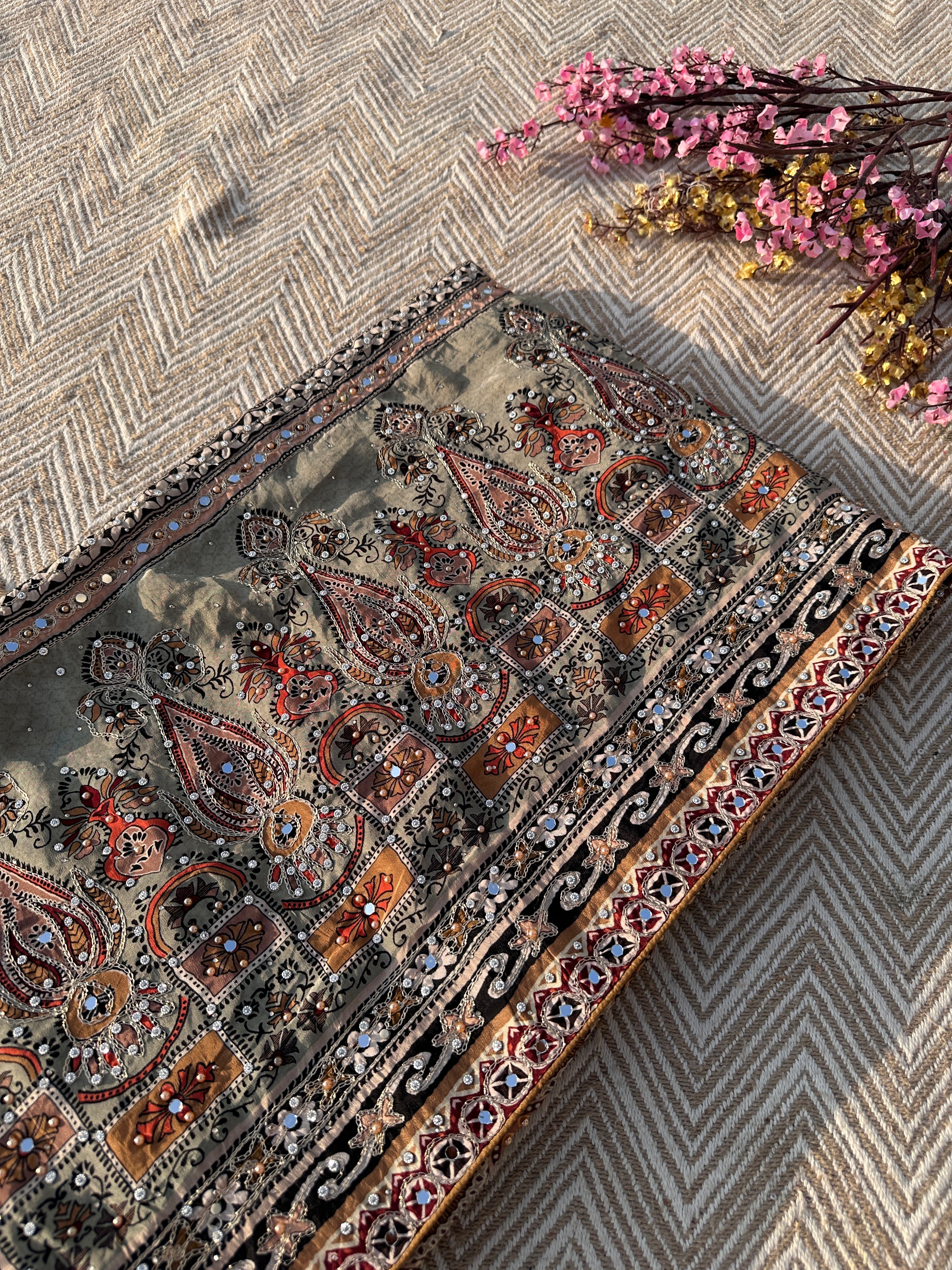 Peach Crepe Saree with Blouse with Printed, Zari, Sequins, Pearl and Mirror Embroidery 6