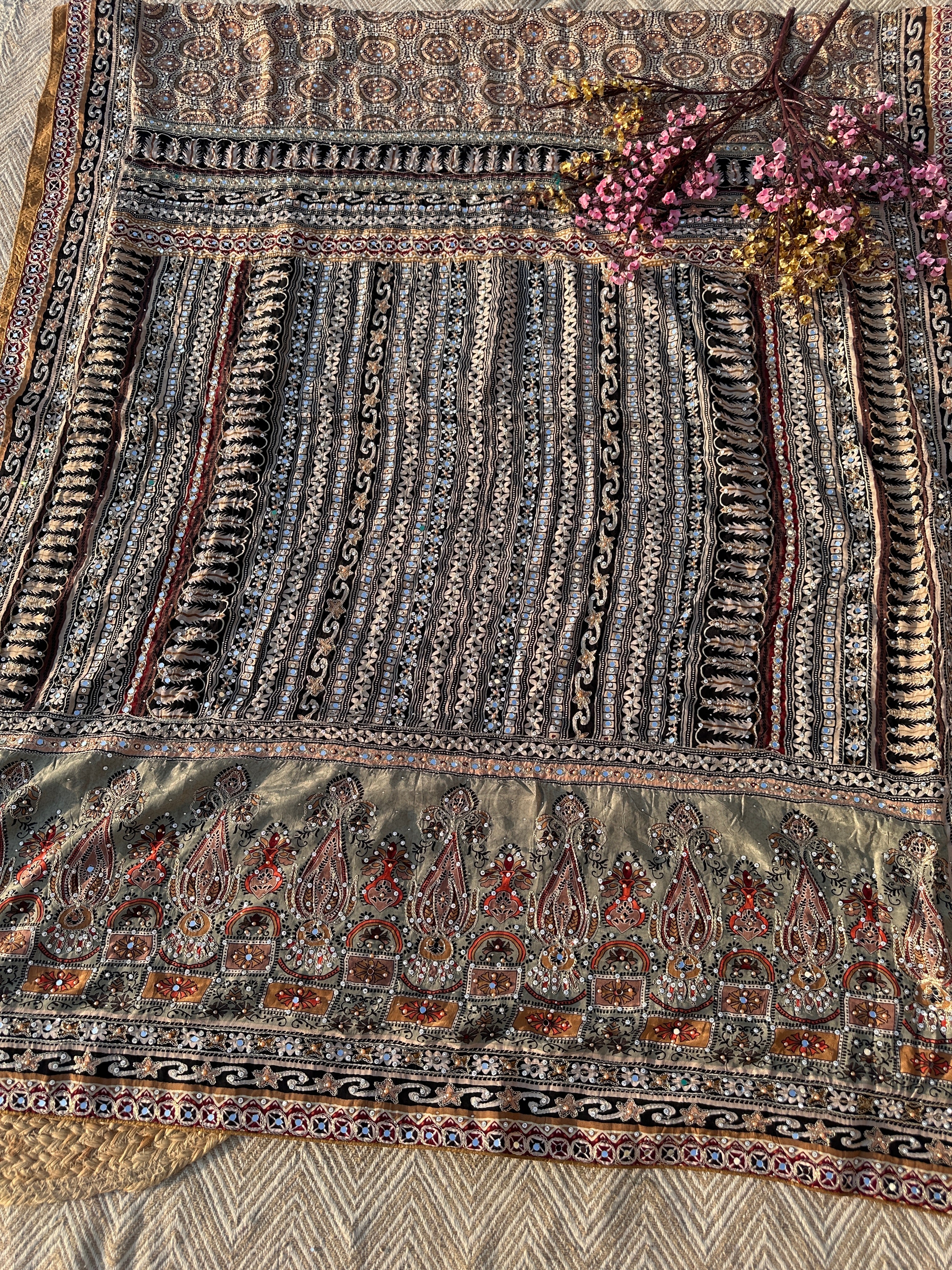 Peach Crepe Saree with Blouse with Printed, Zari, Sequins, Pearl and Mirror Embroidery 7