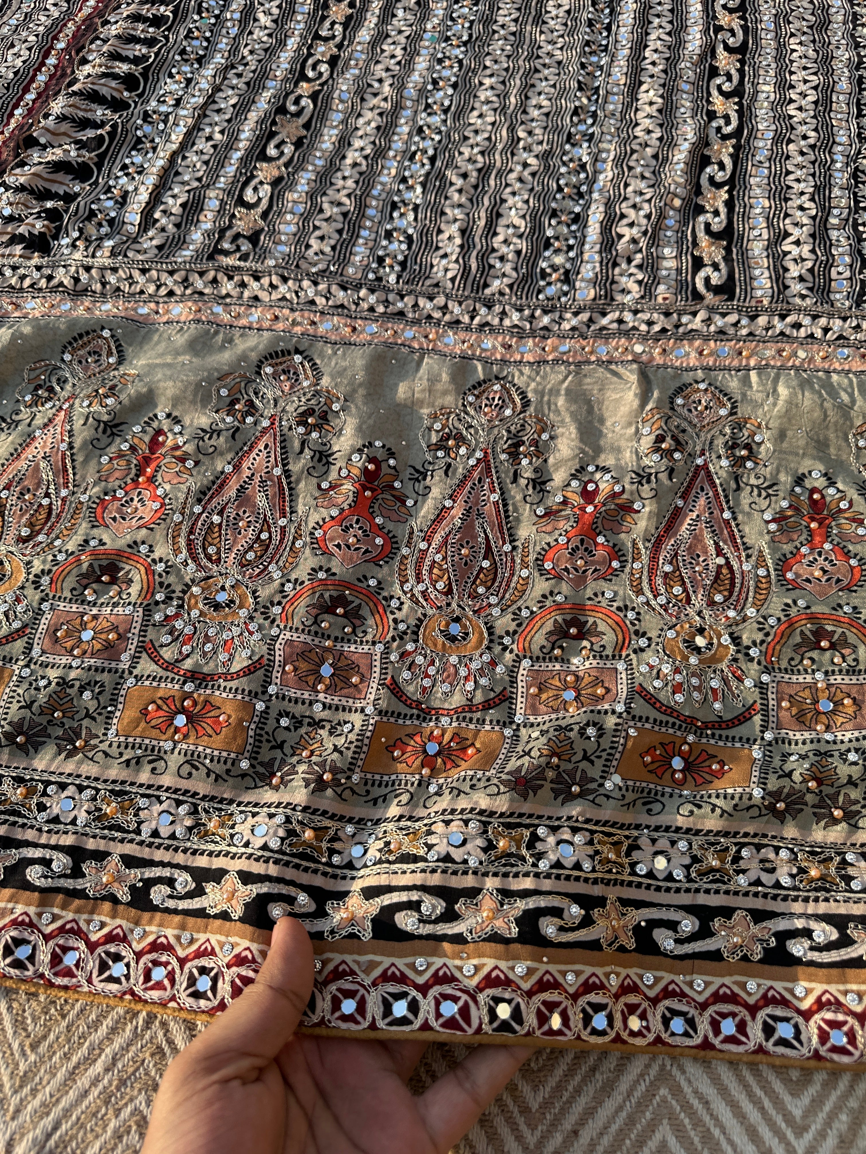 Peach Crepe Saree with Blouse with Printed, Zari, Sequins, Pearl and Mirror Embroidery 9