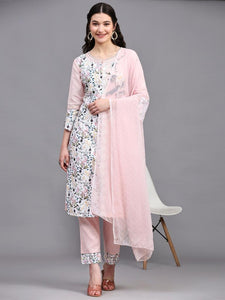 Printed Cotton Suit with Lace and Chiffon Dupatta