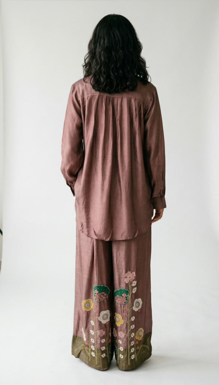 Brown Cotton Silk Coord Set with Thread, Cutdana, Applique & Sequin Work