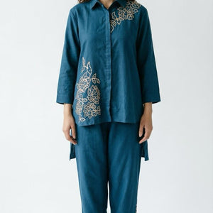 Blue Linen Cotton Coord Set with Intricate Beads, Sequin and Thread Work