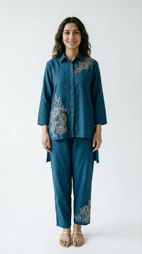 Blue Linen Cotton Coord Set with Intricate Beads, Sequin and Thread Work