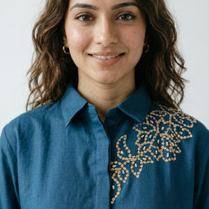 Blue Linen Cotton Coord Set with Intricate Beads, Sequin and Thread Work